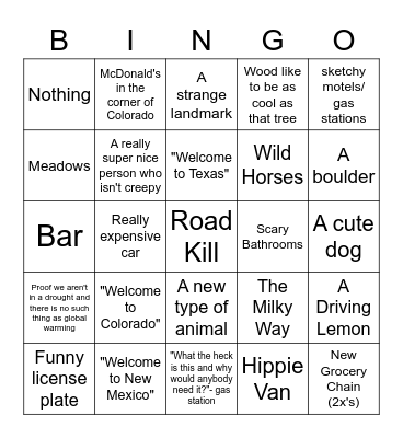 Road Trippin' Bingo Card