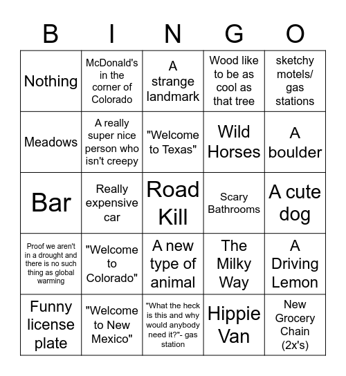 Road Trippin' Bingo Card