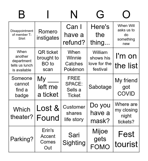 Outfest 2022 Bingo Card