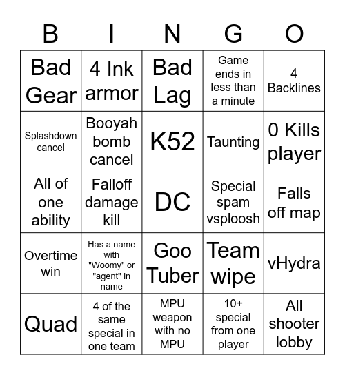 Splatoon 2 solo Q bingo Card