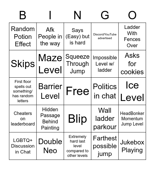 Hypixel Housing Parkour Bingo Card