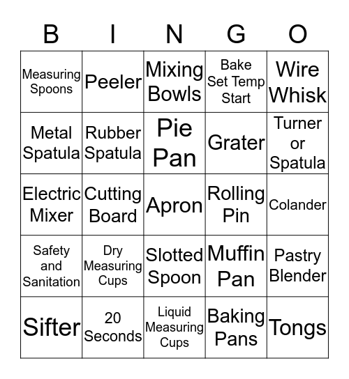 Kitchen Utensils and Terms Bingo Card