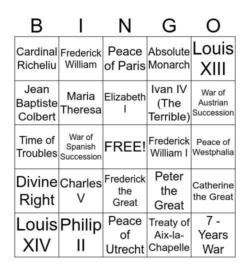 Age of Absolute Monarchs Bingo Card