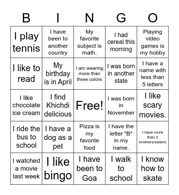 Find A Friend Bingo Card