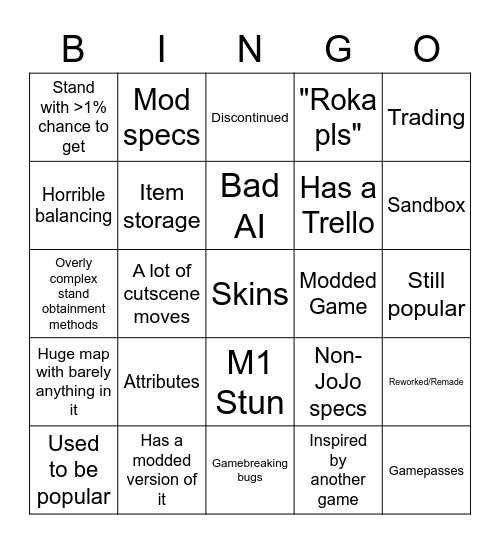 Generic Roblox JoJo Game Bingo Card