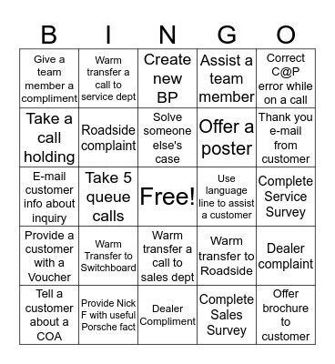 PCNA Customer Service Week 2015 Bingo Card