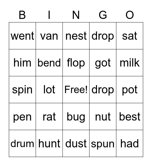 Short Vowels Bingo Card