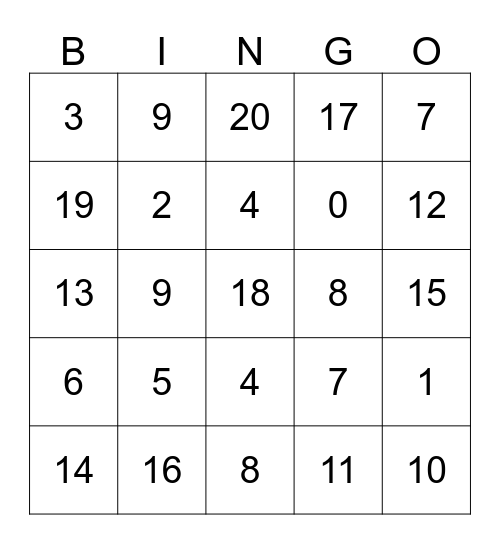 Number BINGO Card