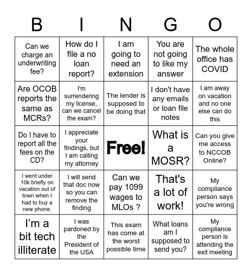 Things heard from a Licensee Bingo Card
