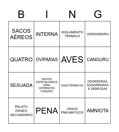 ZOOLOGIA DOS VERTEBRADOS - AGRONOMIA Bingo Card