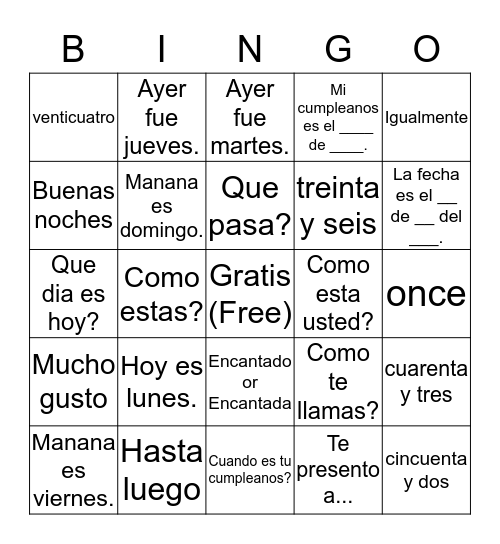 Unit 2 Spanish I Bingo Card