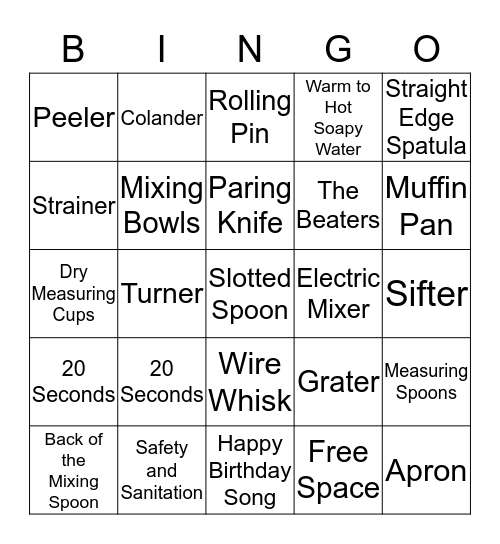 Kitchen Utensils and Terms Bingo Card
