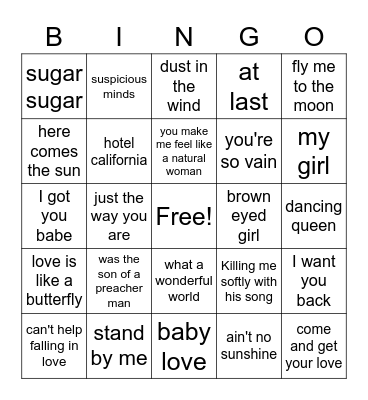 60's and 70's Bingo Card