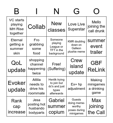 Unhappy Summer Stream Bingo Card