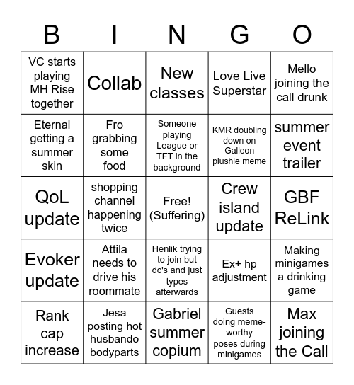 Unhappy Summer Stream Bingo Card