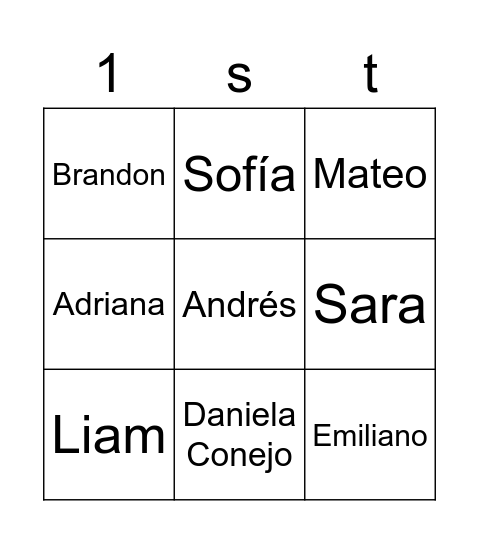 1st Grade Bingo Card