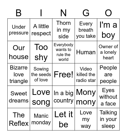 British Invasion Bingo Card