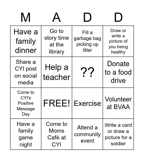 CYI's Make a Difference Day Challenge: Elementary Bingo Card