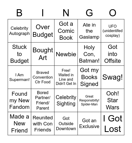 Comic-Con 2022 Bingo Card