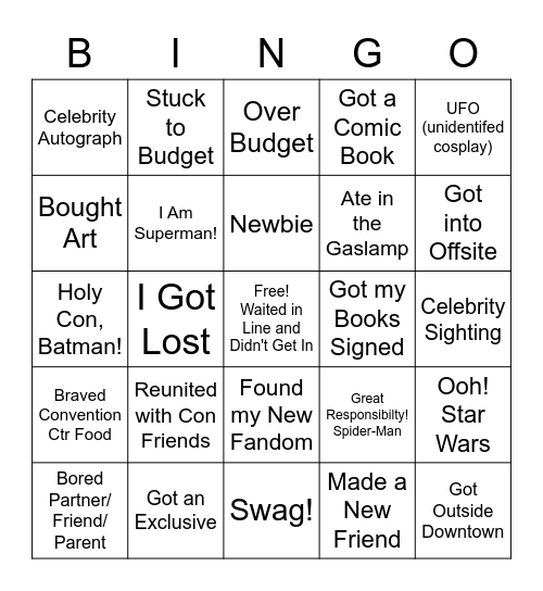 Comic-Con 2022 Bingo Card