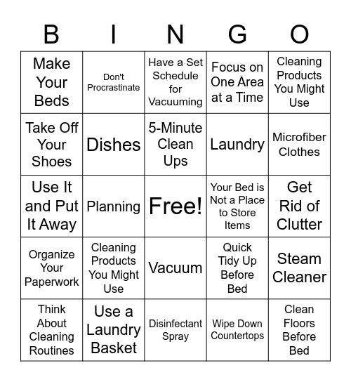 Home Management Bingo Card