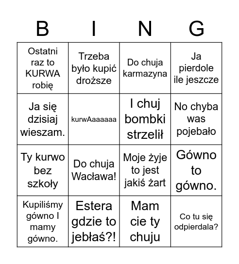 KW DIY Bingo Card