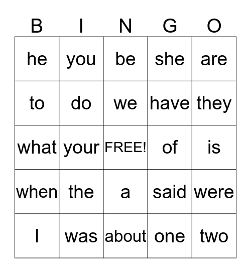 Word Bingo Card