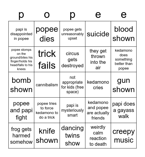 popee the performer bingo Card