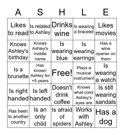 Ashley's Birthday Wine Tasting Bingo Card