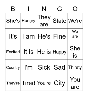 Contractions & Feelings Bingo Card