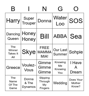 Movies On Main: MAMMA MIA! Bingo Card
