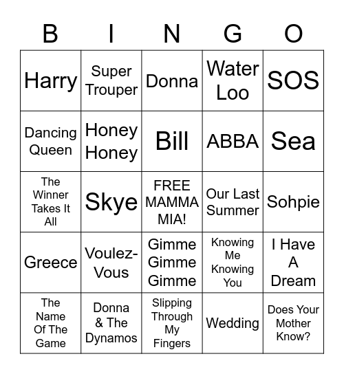 Movies On Main: MAMMA MIA! Bingo Card