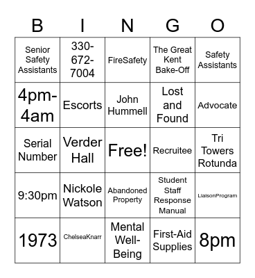 The Office of Safety and Security Bingo Card