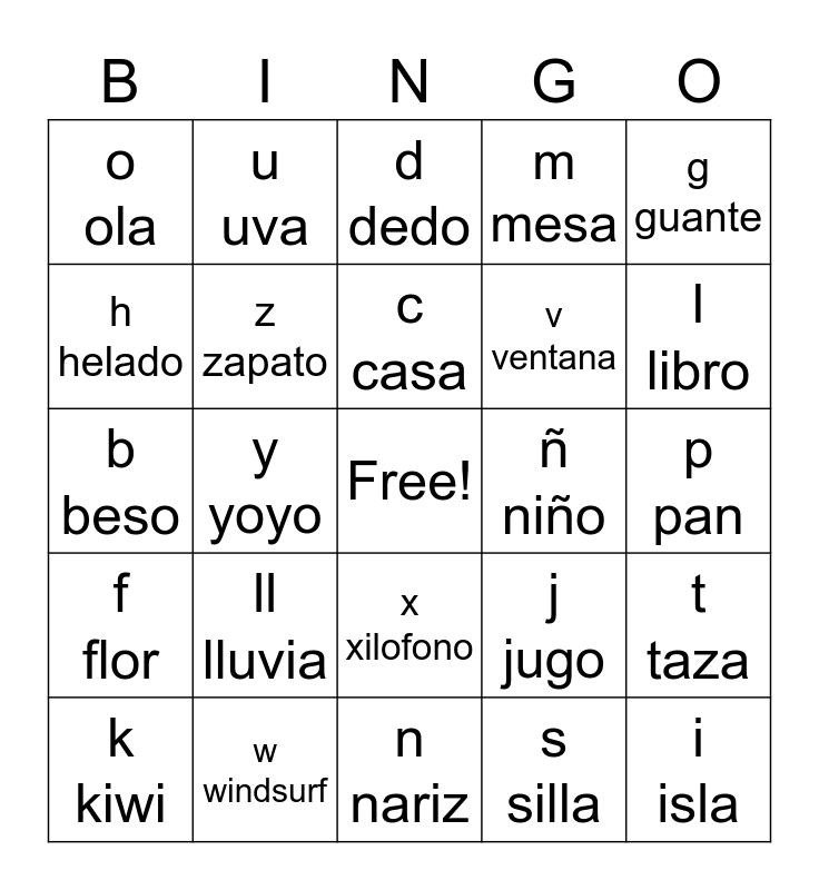 Alfabeto / Abecedario Bingo Card