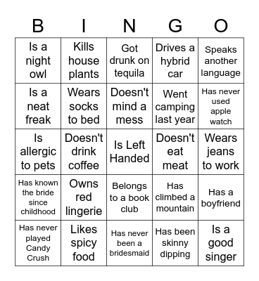 Bachelorette Ice Breaker Bingo Card