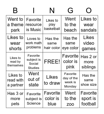 First Day of 4th Grade! Bingo Card