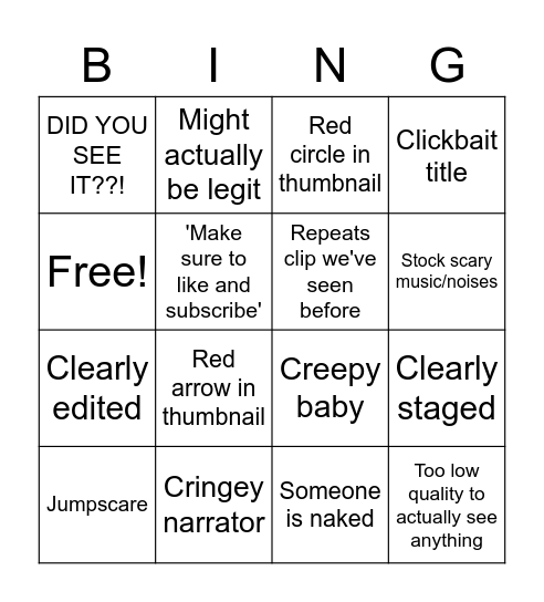 SCARY YOUTUBE VIDEOS BINGO Card