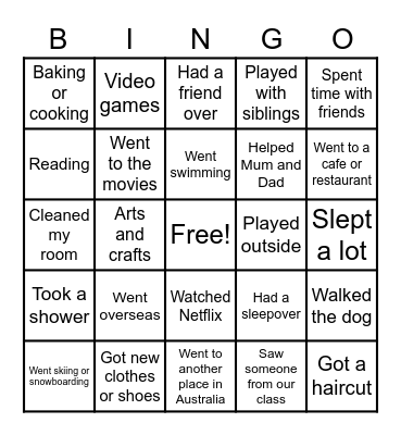 School Holiday Bingo Card