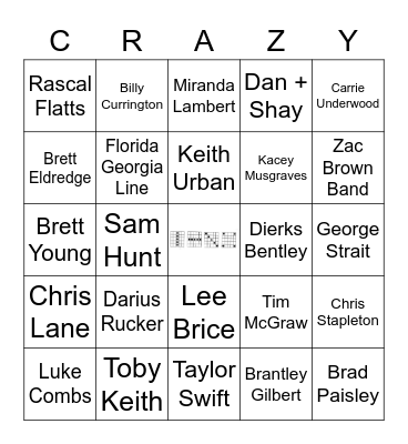Country Pop Artists Bingo Card
