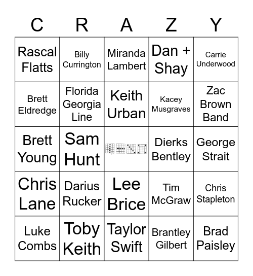 Country Pop Artists Bingo Card