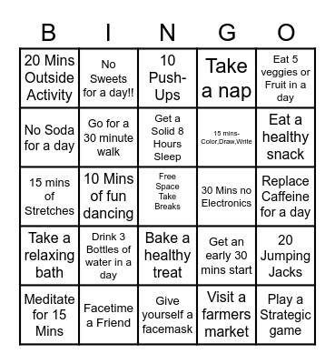 Self care Bingo Challenge Bingo Card