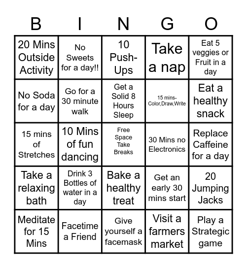 Self care Bingo Challenge Bingo Card