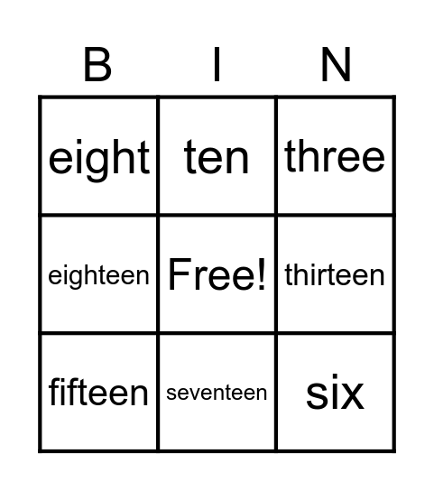Number Words Bingo Card