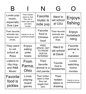 Intern Bingo Card