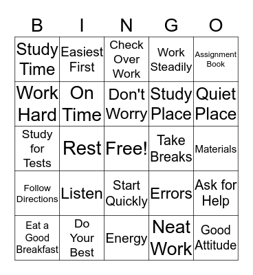 Study Skills Bingo Card