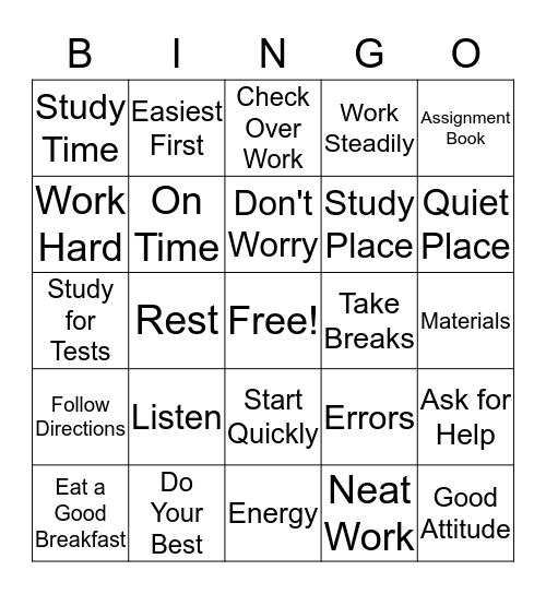 Study Skills Bingo Card