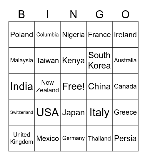 Countries Bingo Card