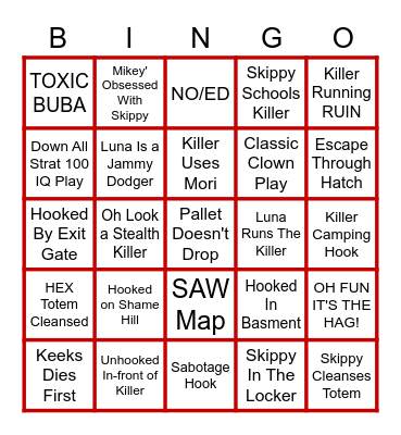 Dead By Daylight Bingo Card