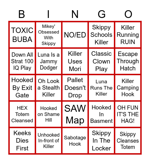 Dead By Daylight Bingo Card