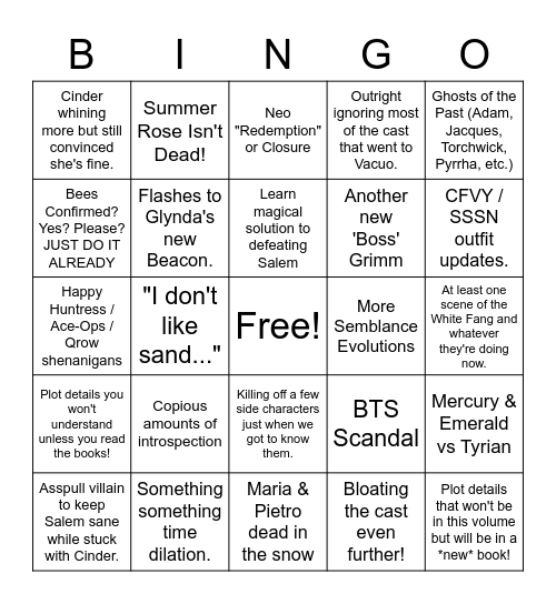 RWBY Vol 9 Bingo Card